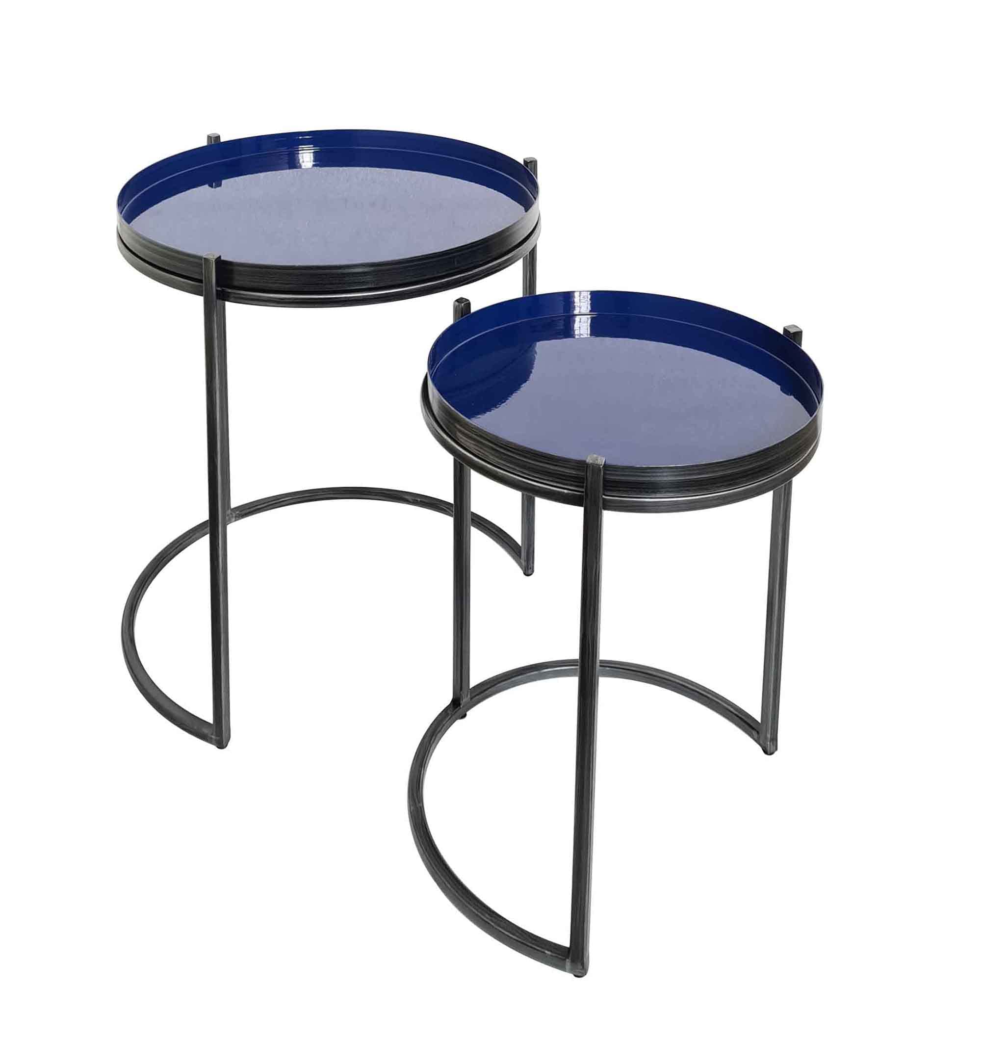 A ASPECT Hannah Handcrafted Round Metal Tray Top Nest Of 2 Table (Grey/Blue)