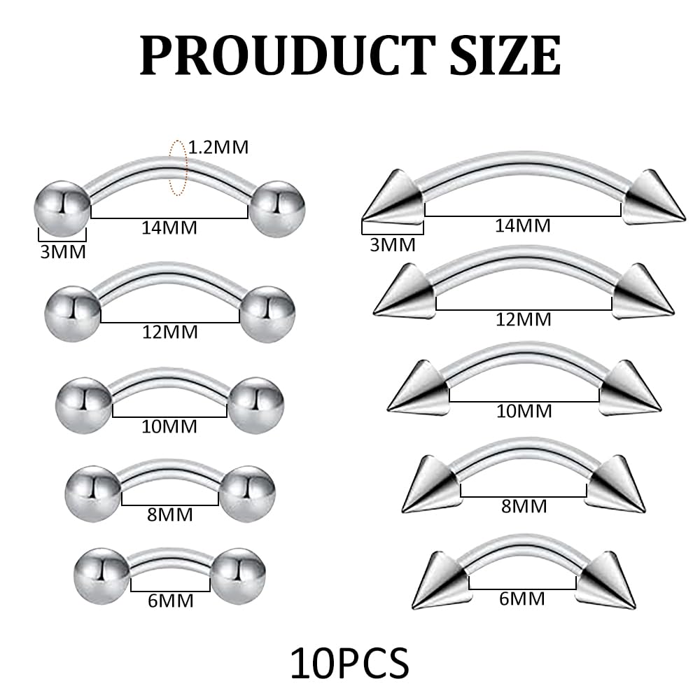 Bijoux de Piercing Corporel, 16G Acier Chirurgical Piercing de Sourcil 10 Pièces Diaphragme Piercing de Sourcil Barre Courbée Piercing de Lèvre 1,2mm Piercing Clou de Lèvre 6mm 8mm 10mm 12mm