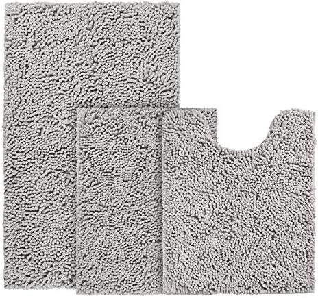 BYSURE Light Grey Bathroom Rugs Sets 3 Piece Non Slip Extra Absorbent Shaggy Chenille Bathroom Rugs and Mats Sets, Soft & Dry Bath Rug/Mat Sets for Bathroom Washable Carpets Set