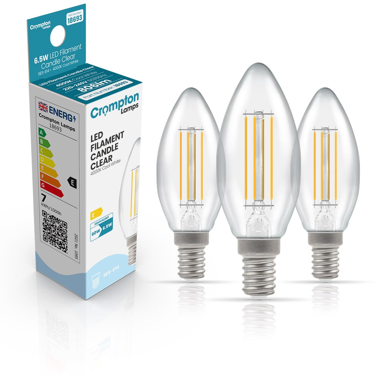 Crompton Lamps Filament Candle LED Light Bulb SES-E14 | 6.5W = 60W Equivalent | Cool White 4000K | Energy Efficient | Small Screw Lightbulb | Long Life 15,000-Hrs | Clear Glass | 3-Pack