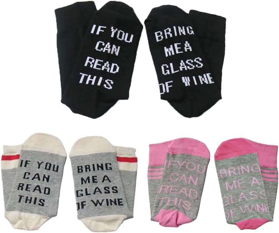 KZH 3 Pack If You Can Read This Bring Me Wine Socks Funny Wine Socks Novelty Crew Socks Gifts (Wine-style)