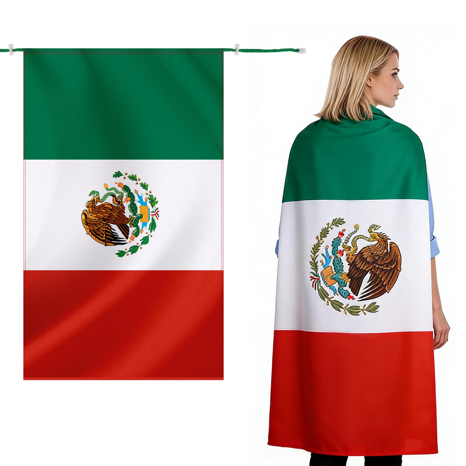 Mexico Flag Cape Cloak Costume, Red White Green with Eagle Design for Mexican Independence Day, Cinco de Mayo, Parades, Sports Events