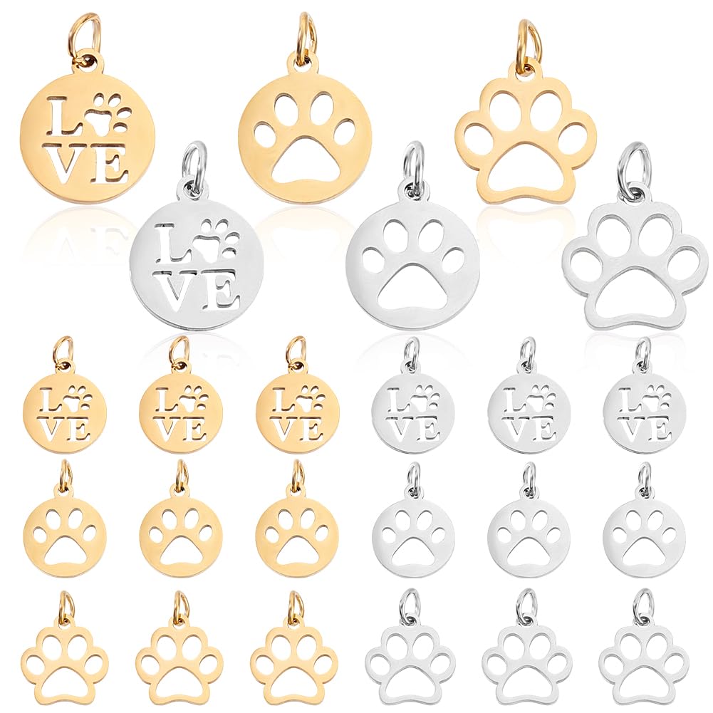 AHANDMAKER 24 Stück Anhänger Mit Hundepfotenabdruck Flach Rund Edelstahl Anhänger Mit Welpen Fußabdrücken Und Biegering Niedlich Für Die Herstellung von DIY Armbändern Ohrringen Halsketten