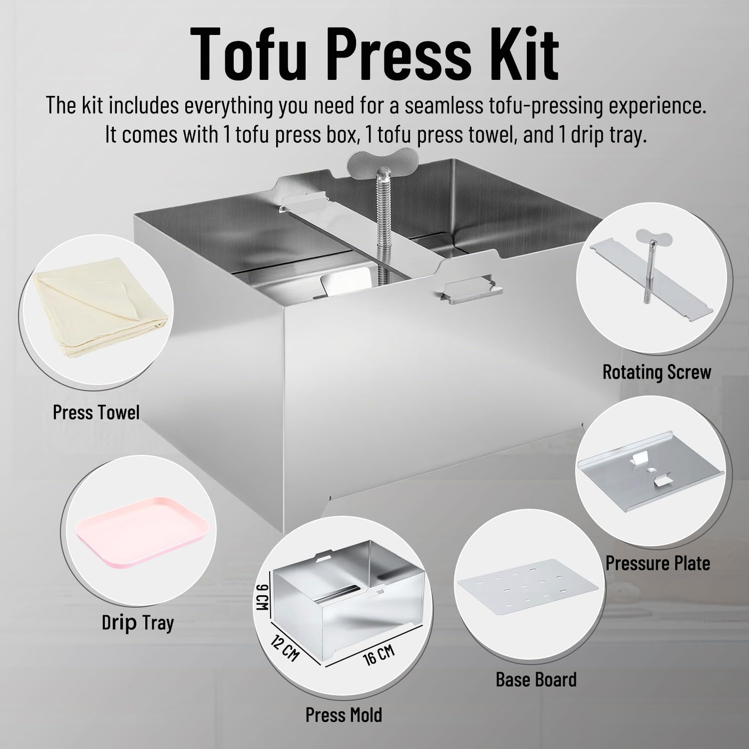 304 Stainless Steel Tofu Press, Vegan Tofu Presser Fast & Efficient Water Removal for Firm Tofu, BPA Free & Easy to Clean, Complete Set with Drip Tray, Dishwasher Safe