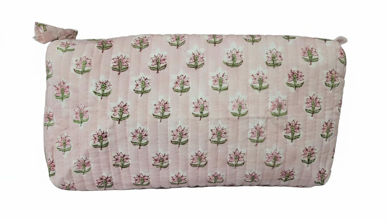 100% Cotton Hand Block Pink Quilted Large Pouch Travel Toiletry Pouch, Multi Utility,Cosmetic Bag and Makeup Travel Organizer, Unisex-image-32