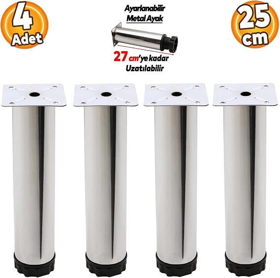 Badem10 Ayarlanabilir Mobilya Kanepe Baza Koltuk Metal Destek Yükseltici Ayağı 25 cm Krom Ayakları (4 ADET)