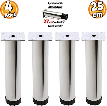 Badem10 Ayarlanabilir Mobilya Kanepe Baza Koltuk Metal Destek Yükseltici Ayağı 25 cm Krom Ayakları (4 ADET)
