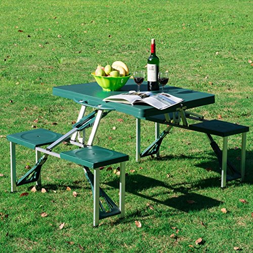 BAKAJI Składany stolik kawowy PIC NIC Camping aluminiowa rama z 4 składanymi stołkami z walizką, idealny na kemping, piknik, morze, plażę, do ogrodu (zielony)
