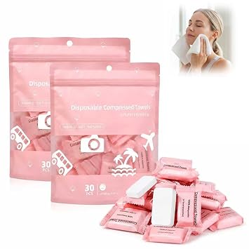 60PCS Compressed Towels, Disposable Face Towel, Compressed Towel Tablets, Portable Cotton Coin Tissues, Soft Thick Expandable Towels for Travel, Camping, Home, Outdoor, Makeup Removal 2Pack-Pink