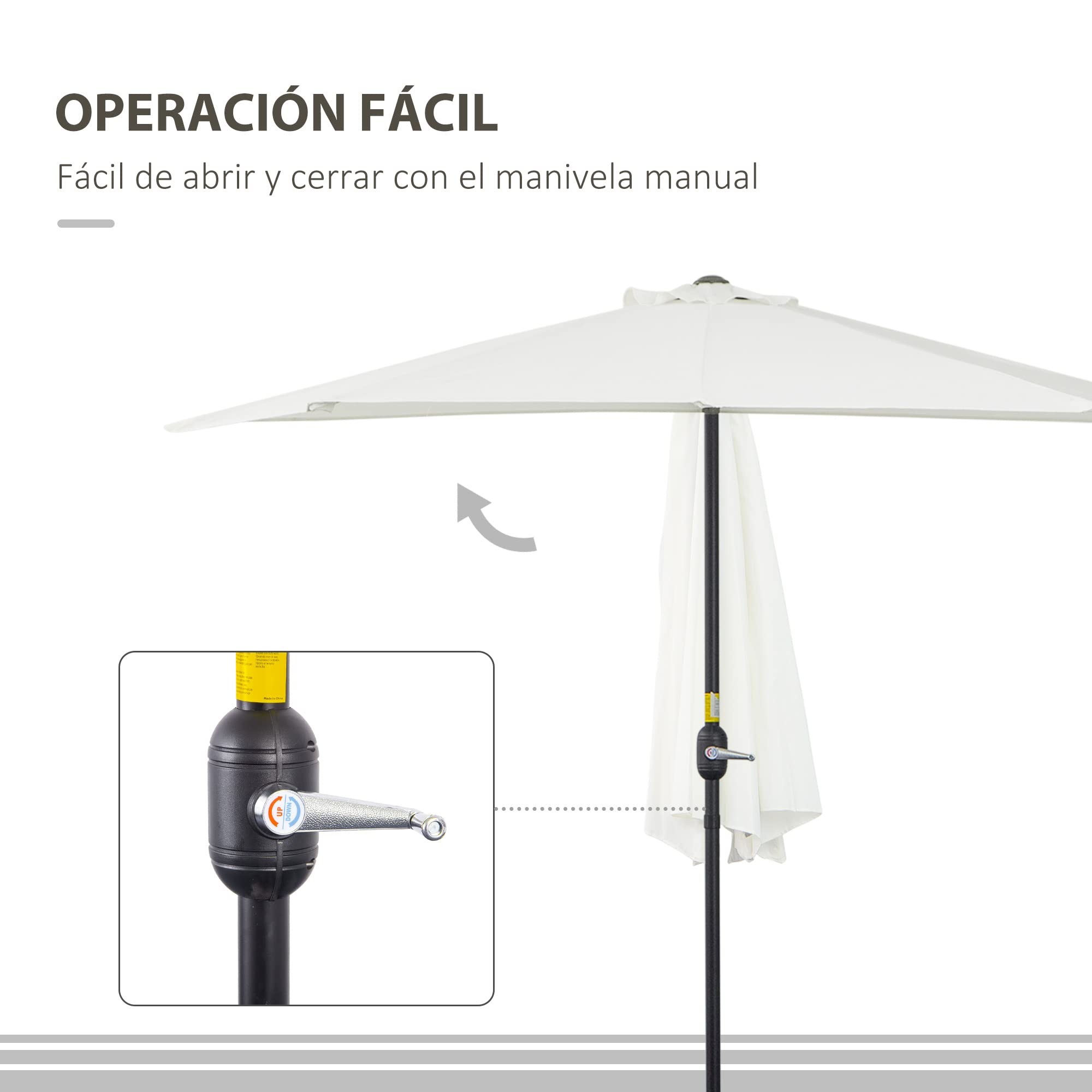 Outsunny Sombrilla 269x138x236 cm Parasol de Jardín con Manivela y Forma Semicircular Tela Poliéster 180 g/m² para Exterior Terraza Patio Piscina Crema