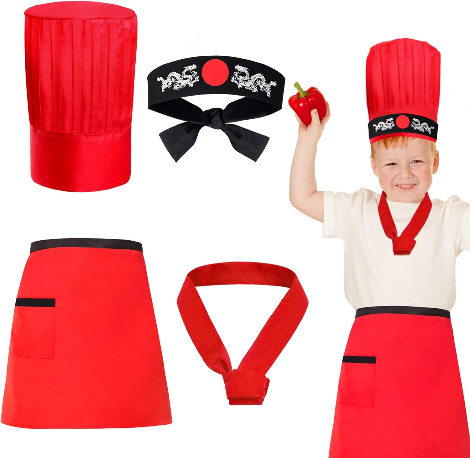 Kids Hibachi Chef Hat Teppanyaki Tall Chef Cap With Hachimaki Headband Tie Apron for Hibachi Birthday Party Costume