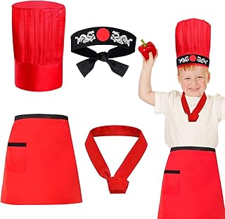 Keymall Kids Hibachi Chef Hat Teppanyaki Tall Chef Cap With Hachimaki Headband Tie Apron for Hibachi Birthday Party Costume(red)