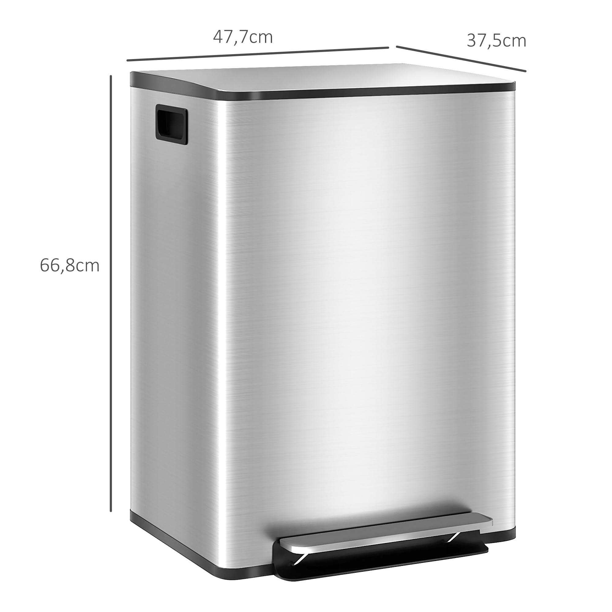 HOMCOM Poubelle de cuisine 2 x 30L à pédale acier inoxydable couvercle fermeture douce seaux amovibles 47,7x37,5x66,8 cm argenté