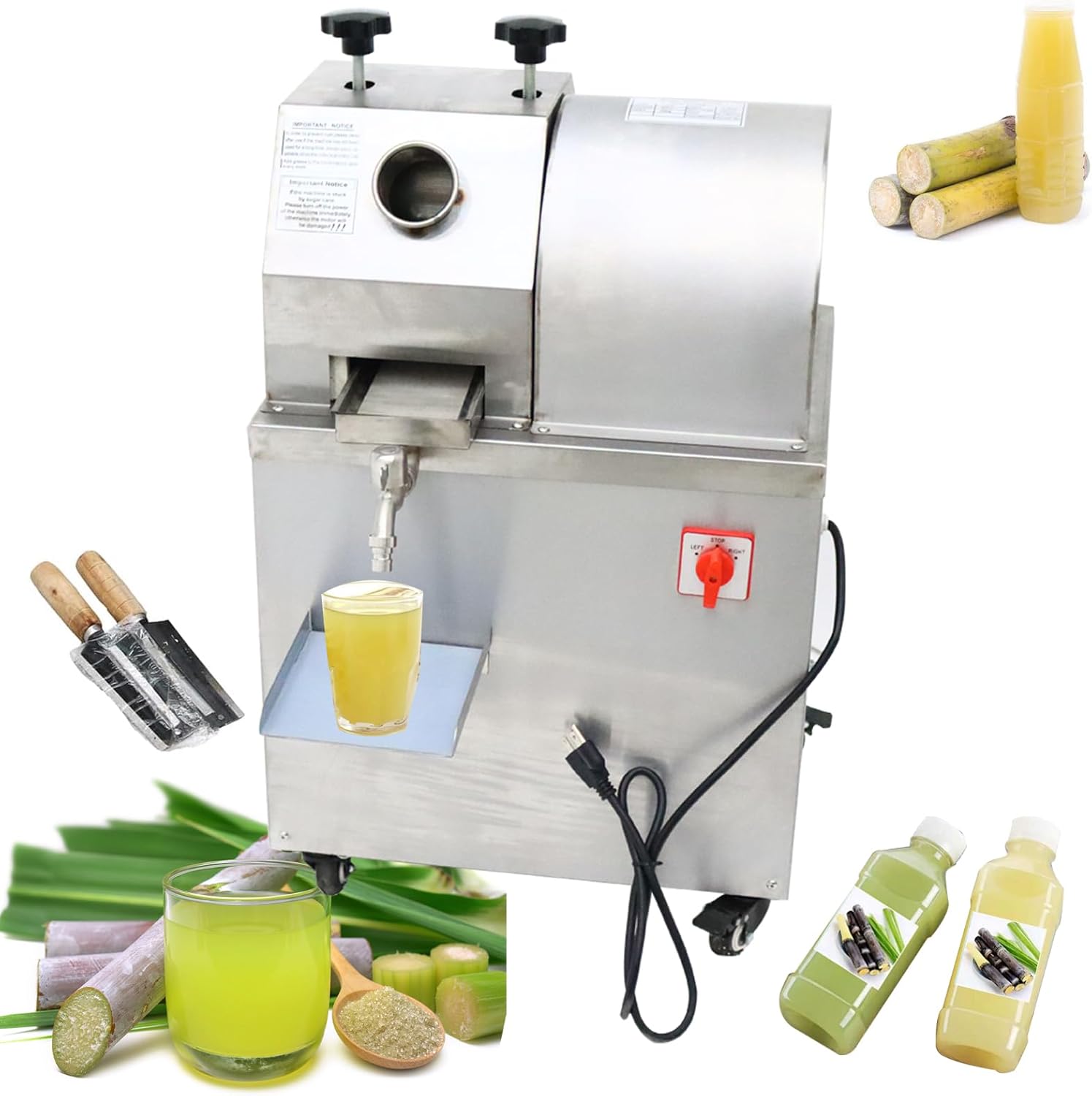 INTBUYING Vertical Electric Sugarcane Juicer, Three Rollers Sugarcane Press Machine, Stainless Steel Sugar Cane Juicer Extractor, Juice Centrifugal Squeezer 110V 1500W 660lb/h