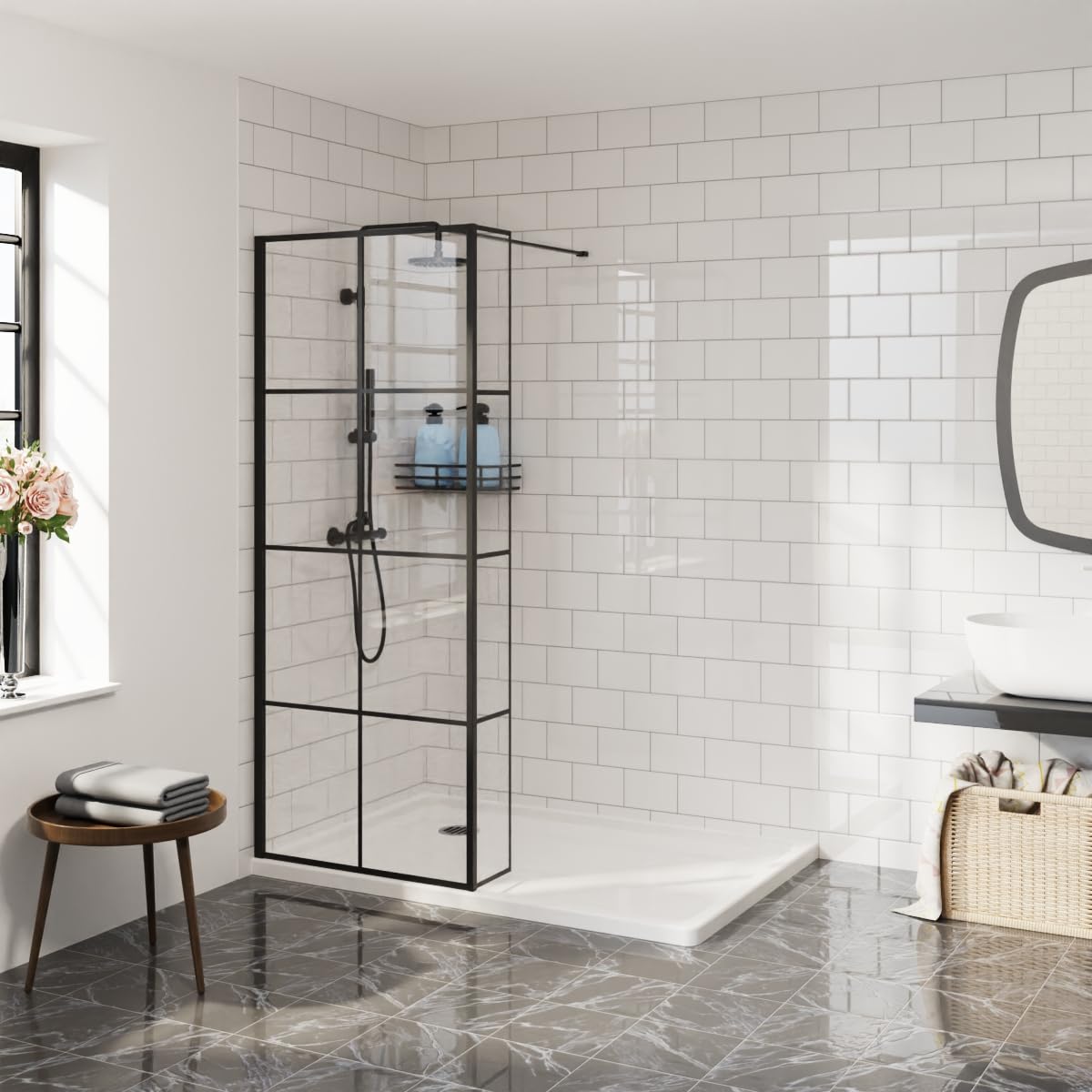 Aquariss Black 900Mm Grid Walk In Shower Screen With 300Mm Return Panel