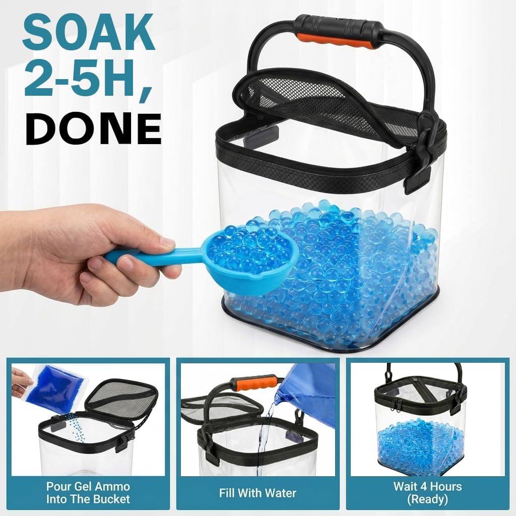 KTAB Foldable Gel Ball Ammo Bucket & Speed Loader Kit, Large Capacity Gel Ball Blaster Ammo Storage Container with Mesh Drainage, Portable Ammo Organizer for Gel Ball Blaster Accessories