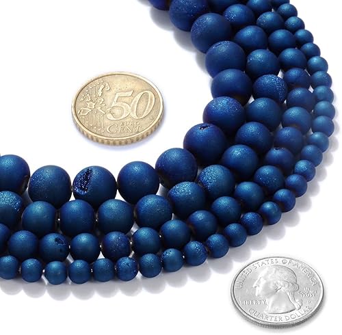 Cuentas redondas sueltas de ágata drusa mate de 0.394 pulgadas (0.394 in), color azul natural, mate, cuentas sueltas de piedra de cristal,