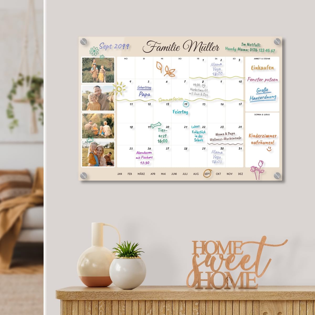 Personalisierter Acrylglas Foto Wandkalender Monatskalender abwischbar DIN A3, A2 oder A1 XXL wählbar inkl. Montagematerial und Edelstahl Abstandhalter, langlebig, klarer UV-Druck
