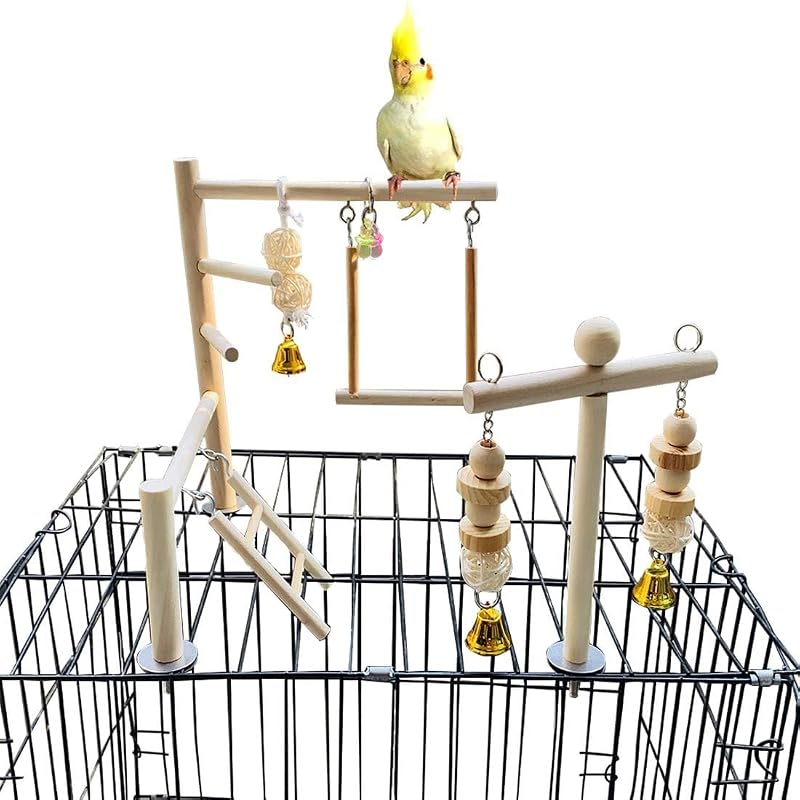 Playground para Aves PINVNBY com Poleiros, Escada, Balanço e Sinos para Gaiola ZT3024