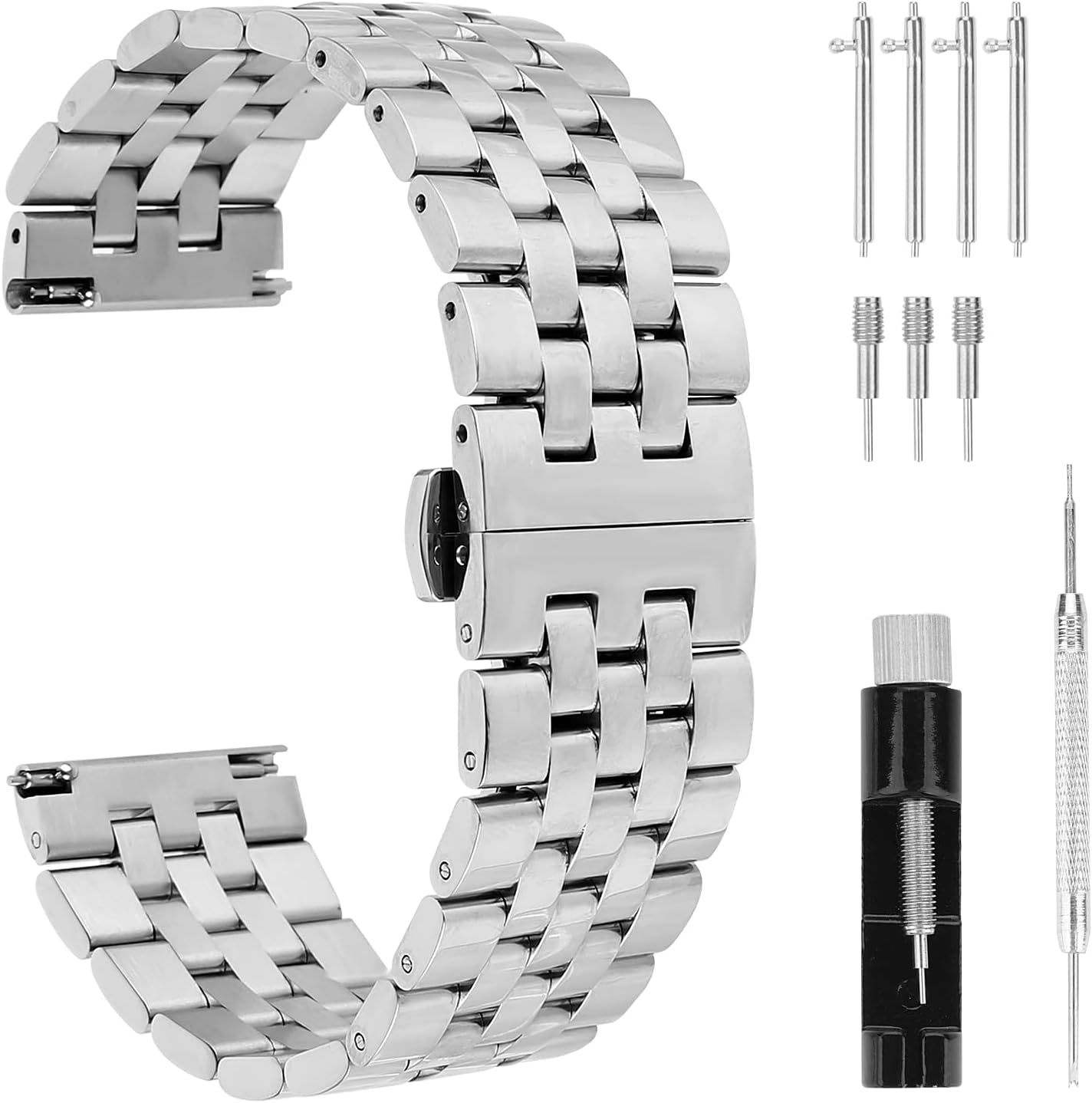 Cobee Thick Stainless Steel Watch Bands, Heavy Duty Linked Metal Polished Watch Straps with Butterfly Clasp Quick Release Solid Steel Watchband 20mm 22mm Lug Width Compatible with Men Women