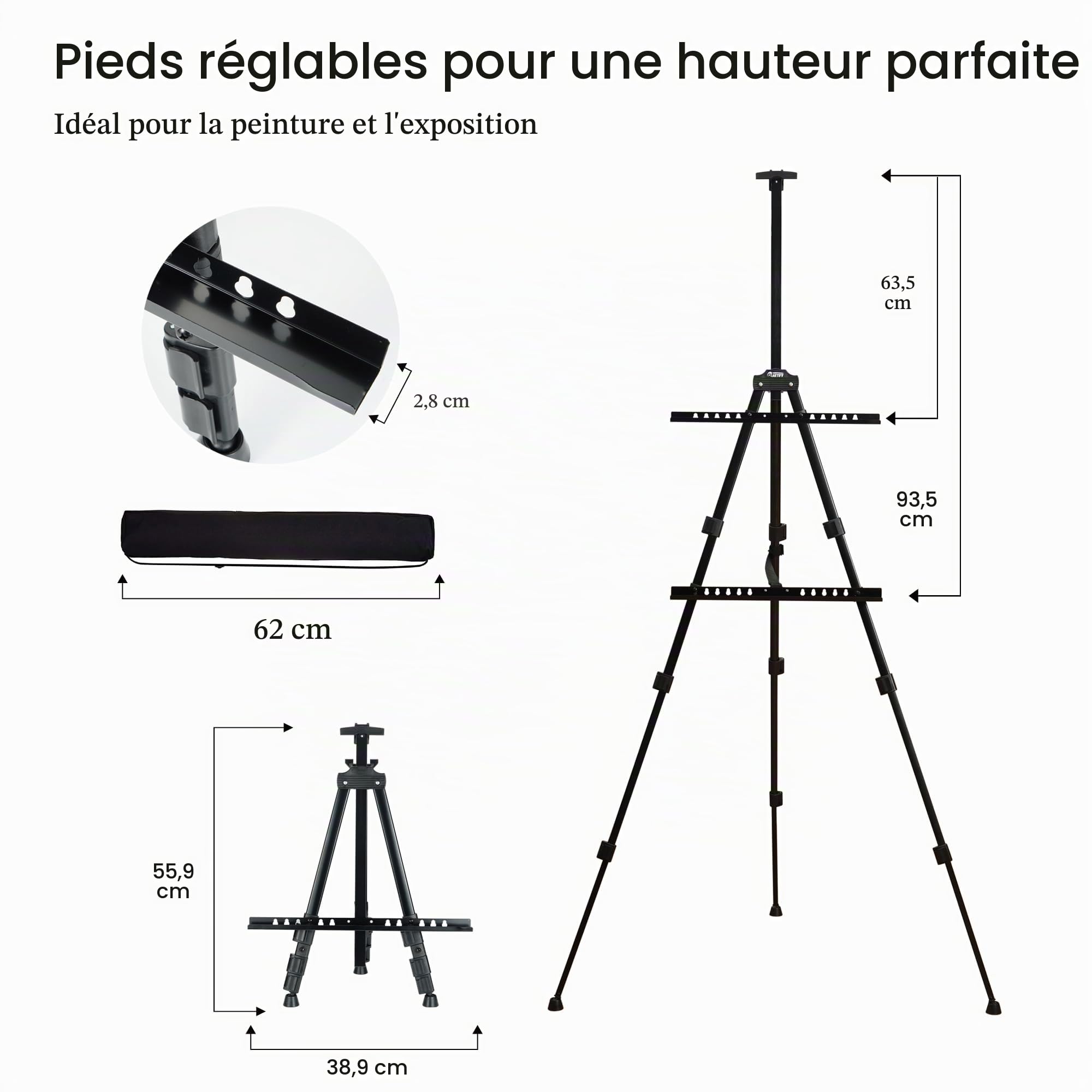 Artify Chevalet d'artiste avec Sac de Rangement, Réglable de 55 à 168 cm | 1 Chevalet Trépied en Aluminium Noir pour Peinture sur Table/Sol, Présentoir, Affiche, Toile