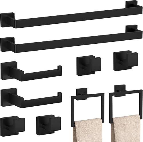Juego de accesorios de baño de 10 piezas, color negro mate, incluye barra de toalla de baño de 23.6 pulgadas, anillos de toalla, soportes para papel