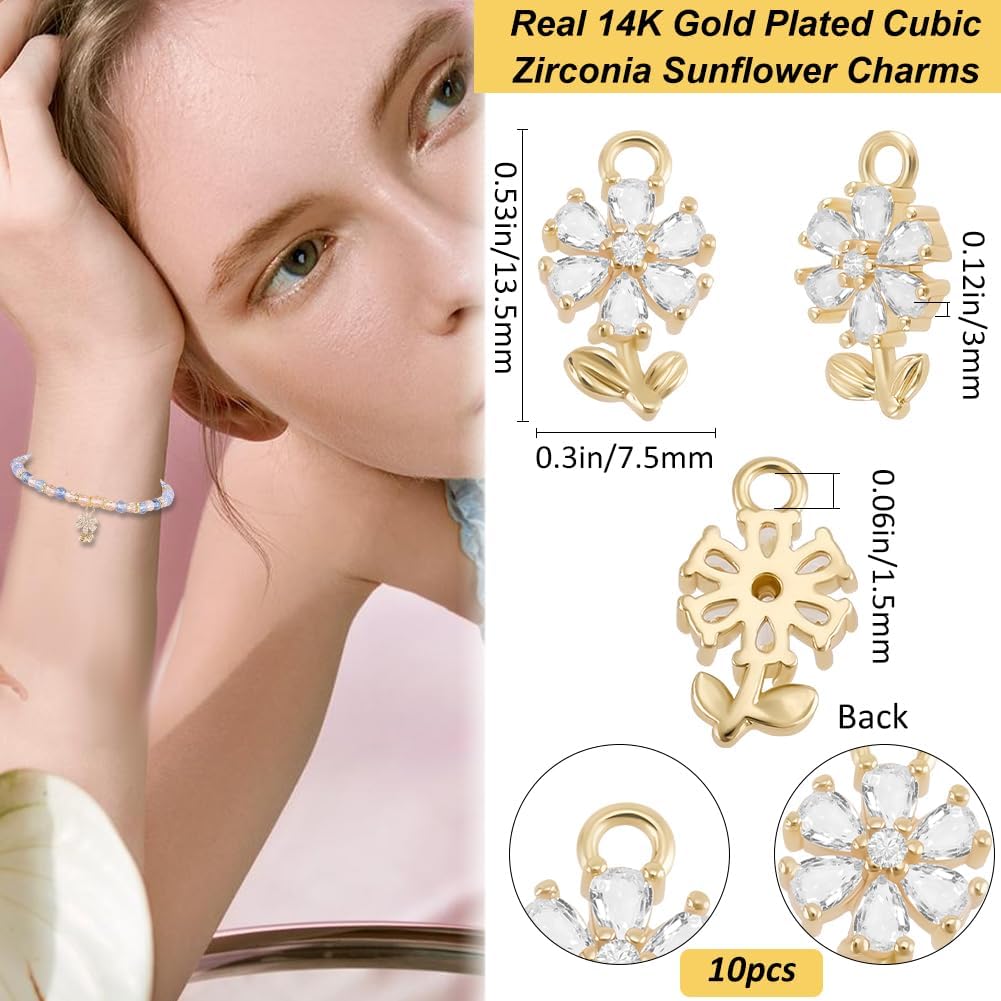 Beebeecraft 1 Box 10Pcs Cubic Zirconia Flower Charms 14K Gold Plated Brass Sunflower Floral Charms for Jewellery Making DIY Craft (7.5x13.5x3mm)