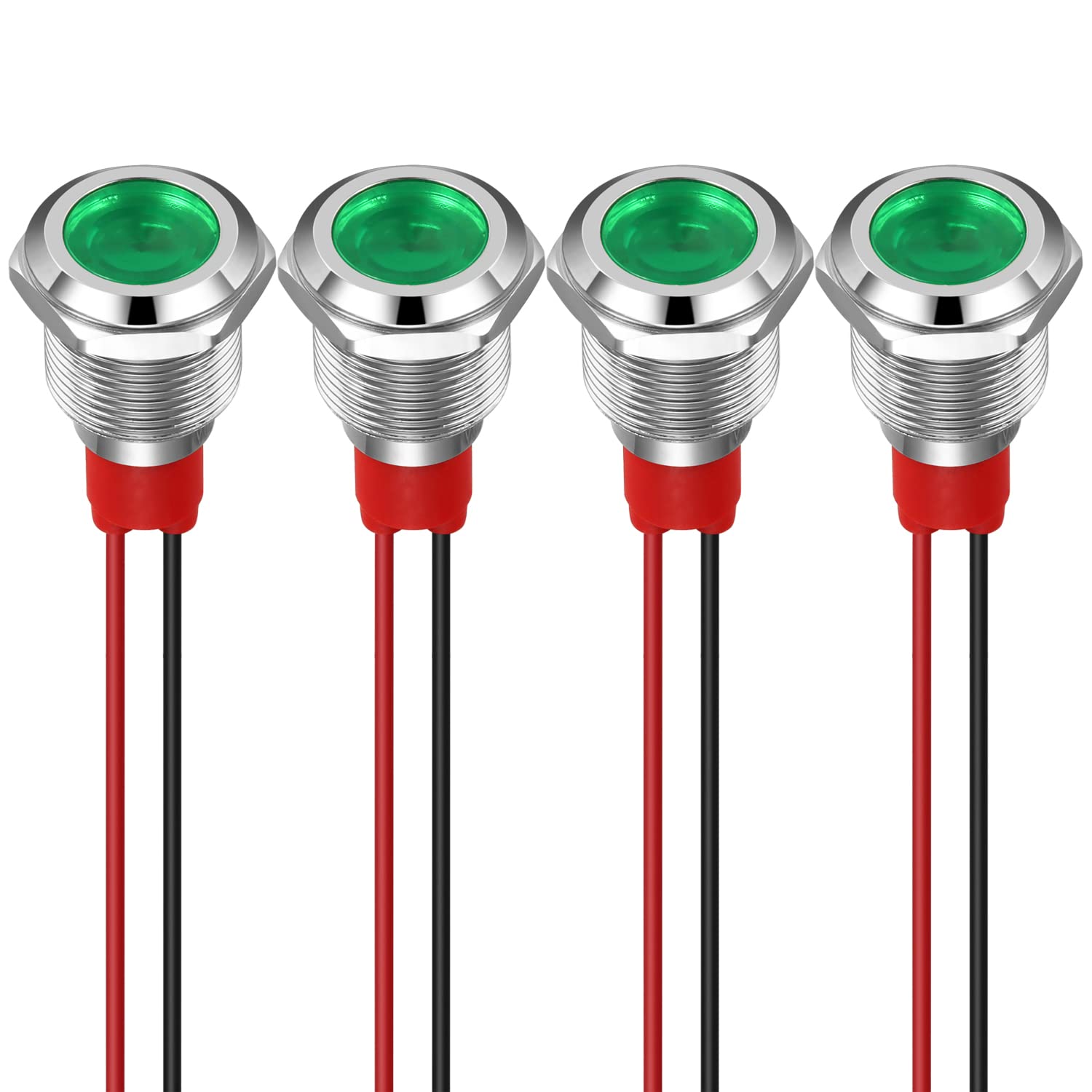 GUUZI 12mm Lampka Kontrolna LED 12-24V Wodoodporna Lampka Sygnalizacyjna Panel Metalowy Wskaźnik LED Lampka Sygnalizacyjna Mocowanie Panelu Głowica Płaska z Przewodami Srebrny Skorupa(Zielony, 4 szt)