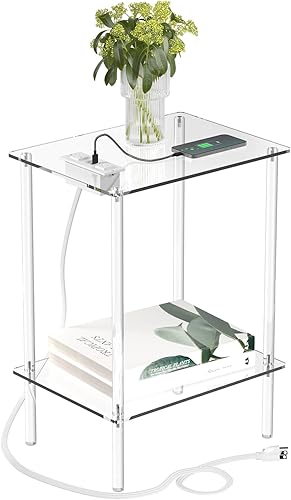 Eglaf Mesa auxiliar de acrílico con estación de carga y puertos USB, mesita de noche pequeña para sala de estar, dormitorio, 15.7 pulgadas de largo