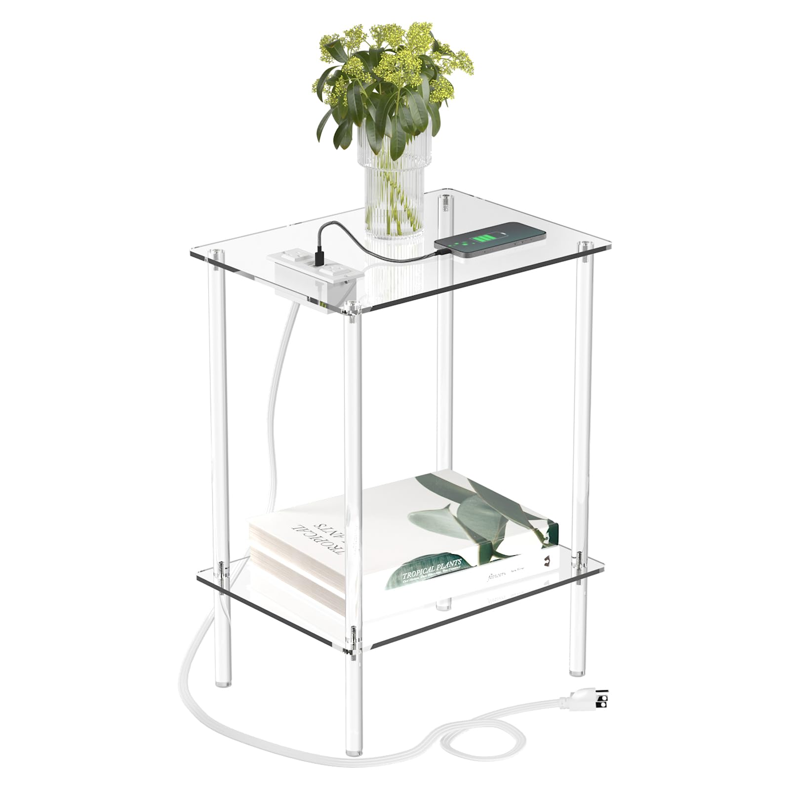 Eglaf Acrylic Side Table with Charging Station & USB Ports - Small Nightstand Bedside Table End Table for Living Room, Bedroom - 15.7'' L x 11.8'' W x 21.7'' H, 2 Tier