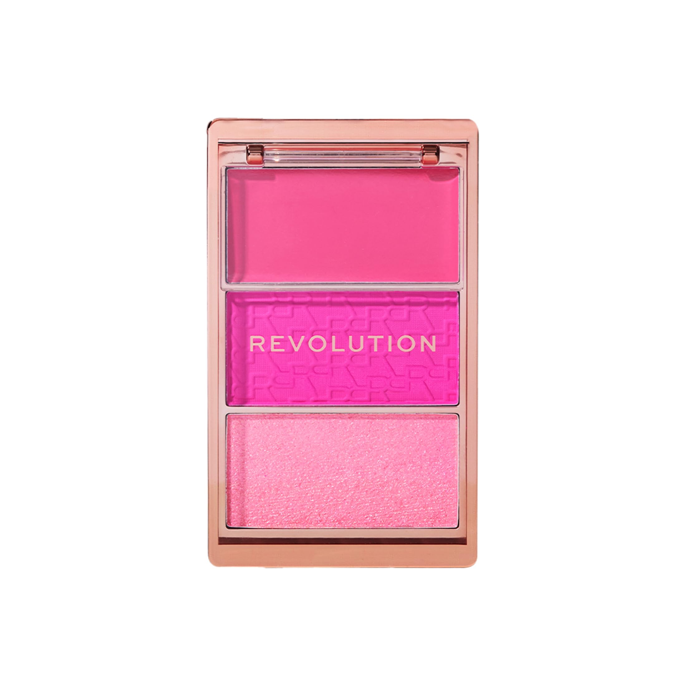 Revolution Palette Blush Icon Palette, kremowy i tłoczony puder, silnie pigmentowany, paleta twarzy, wegańskie i nieokrutne, 3 kolory, Hot Pink Flag