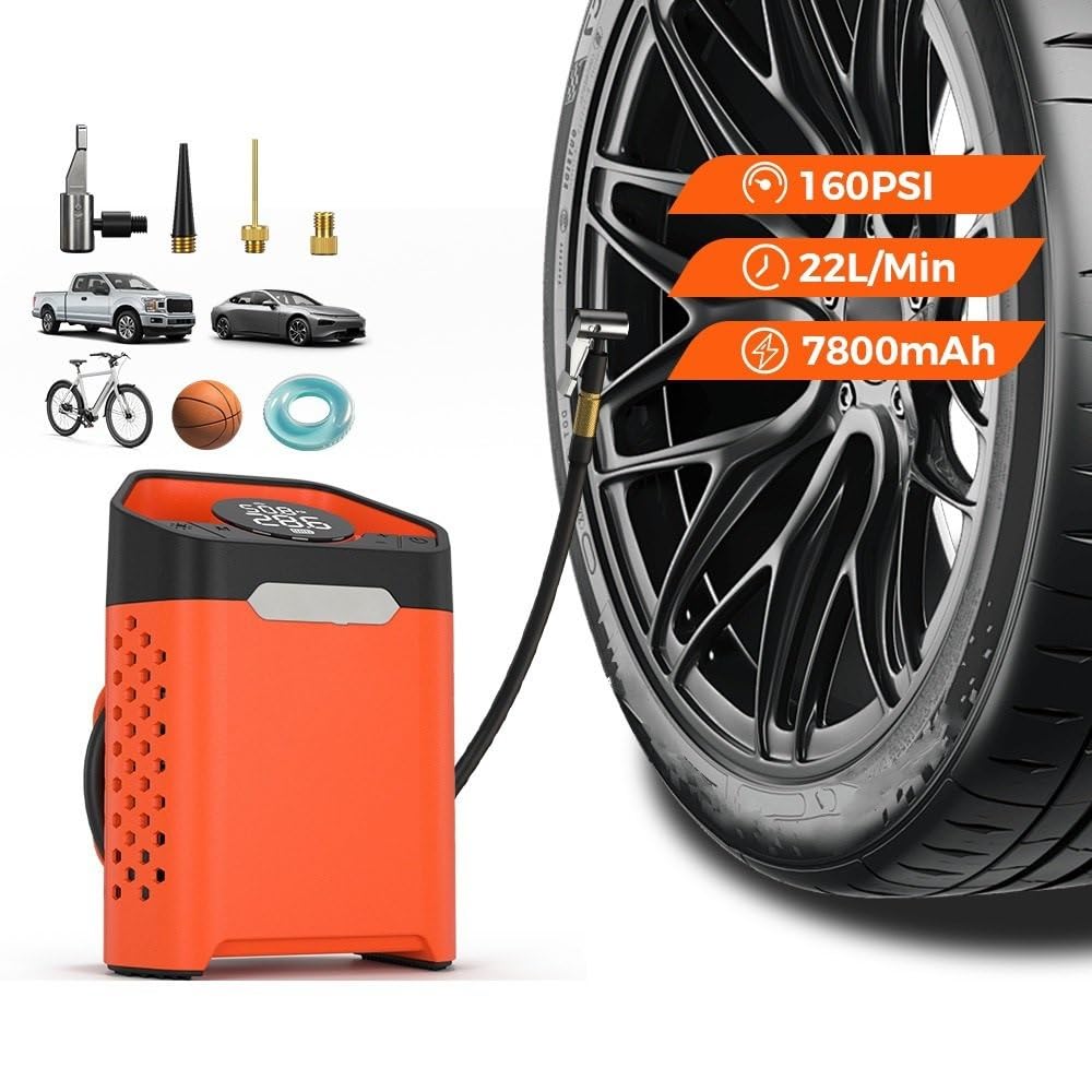 Inflador Ruedas Coche Compresor portátil para Coche, Inflador de neumáticos de Coche de 160 PSI, 7800mAh, para Coches, Motocicletas, Bicicletas, Bolas Compresores de Aire portátiles(Orange)