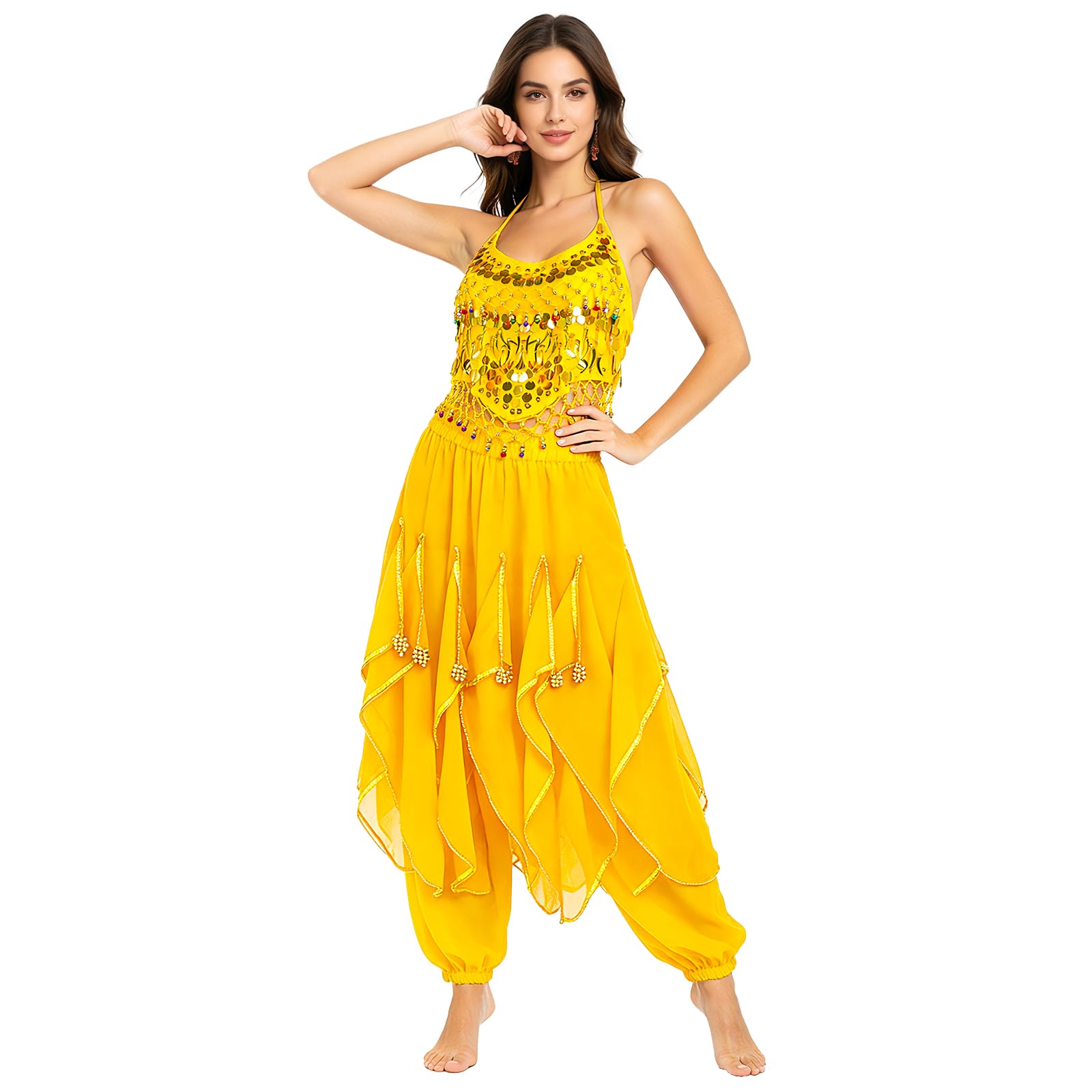 Baisdan 2 Piece Belly Dance Costume Set, Sequin Crop Top Harem Pants Set for Arabian Indian Halloween Carnival Dance Performance Yellow