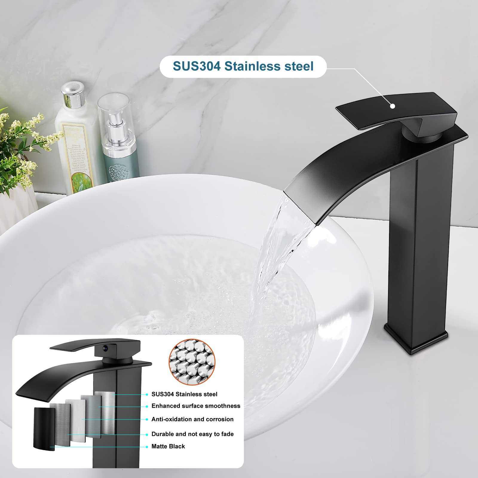 Midanya Tall Waterfall Bathroom Bowl Vessl Sink Faucet Matte Black Single Handle Single Hole Deck Mount Mixer Tap with Large Rectangular Spout Sink Faucet Lavatory Vanity
