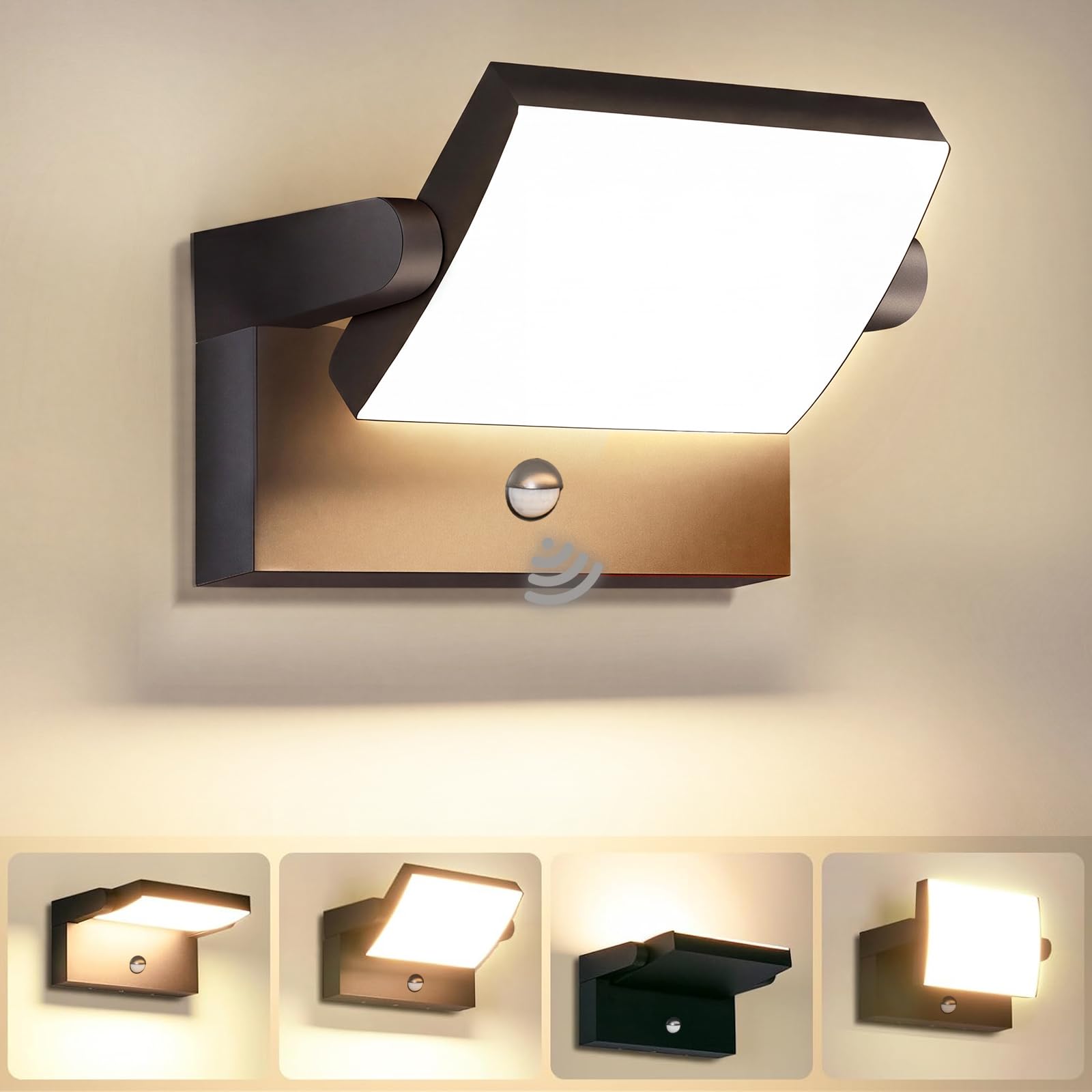 40W Aplique de Pared Exterior con Sensor de Movimiento,4000LM 3000K Blanco Cálido, Negra Aplique Pared Interior Rotación 350°,Impermeable IP65