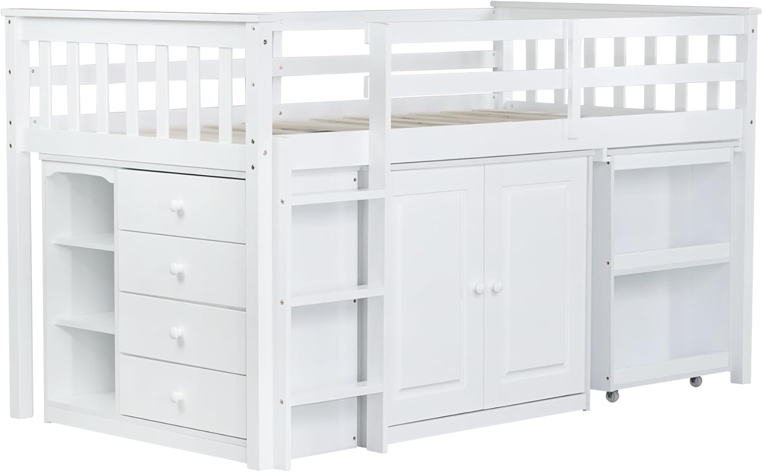 LZ LEISURE ZONE Twin Size Loft Bed with Pulling-Out Desk, Drawers, Shelves and Storage Cabinet, Wood Loft Bed with Guardrail and Ladder, White