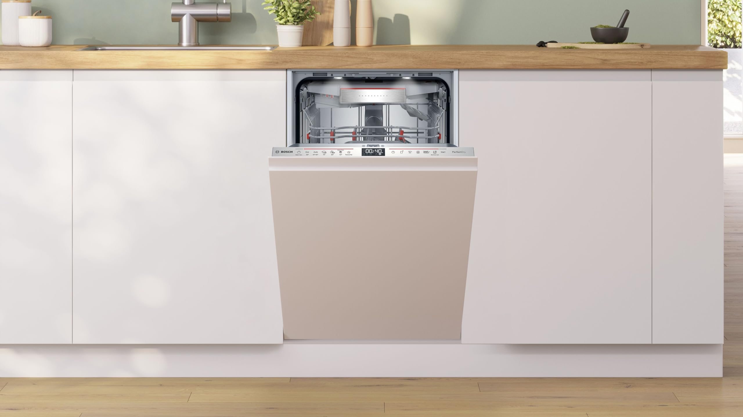 Bosch SPV6YMX08E, Serie 6, Smarter Geschirrspüler Vollintegriert, 45 cm, Besteckschublade, Spülmaschine mit Zeolith Trocknung, besonders leise, höhenverstellbarer Oberkorb, TimeLight, AquaStop