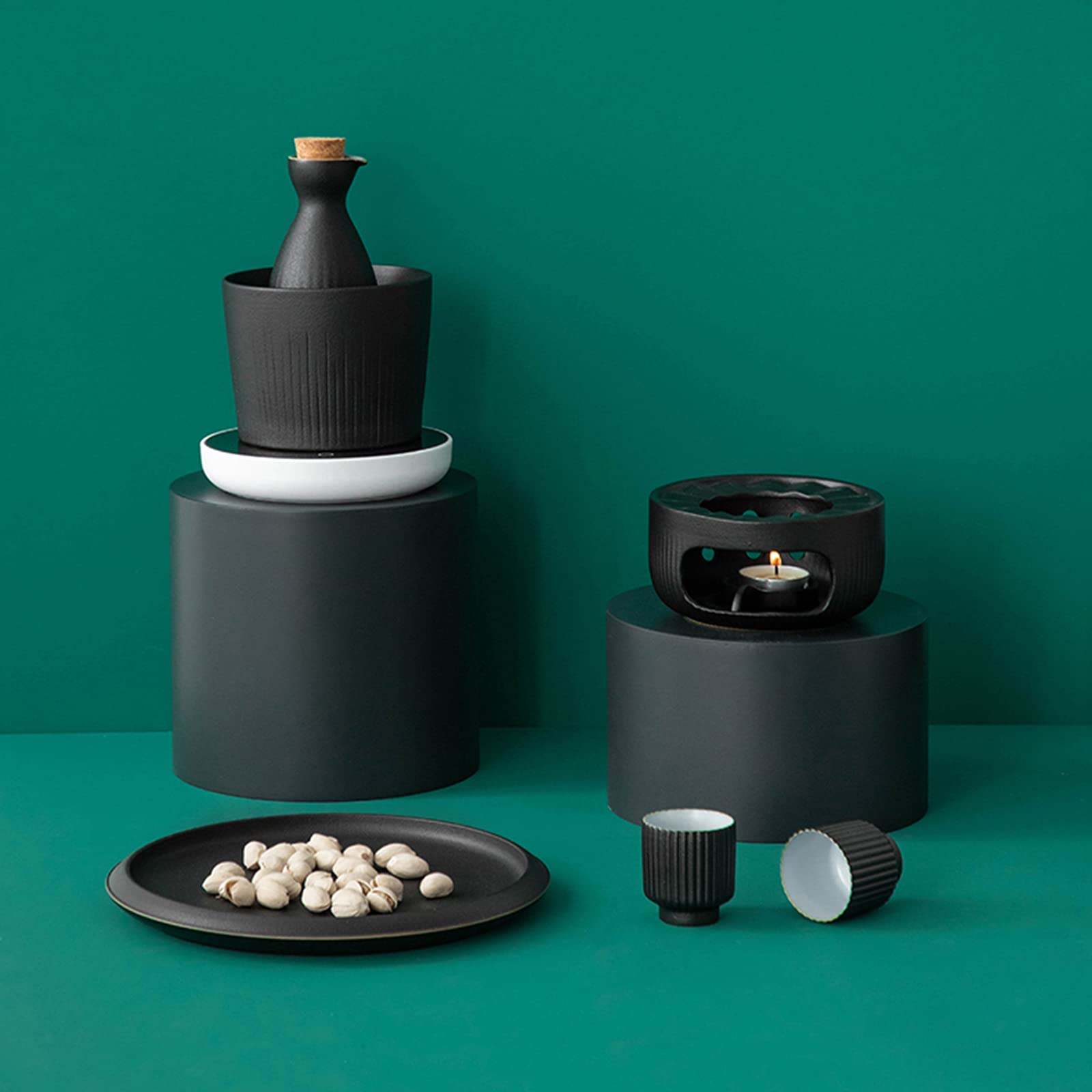 Set per sake in ceramica, set per sake con scaldino, set tradizionale per saka caldo da 8 pezzi, inclusa 1 tazza riscaldante, 1 pentola per sake, 4 tazze per sake, 1 base e 1 vassoio, fornello a