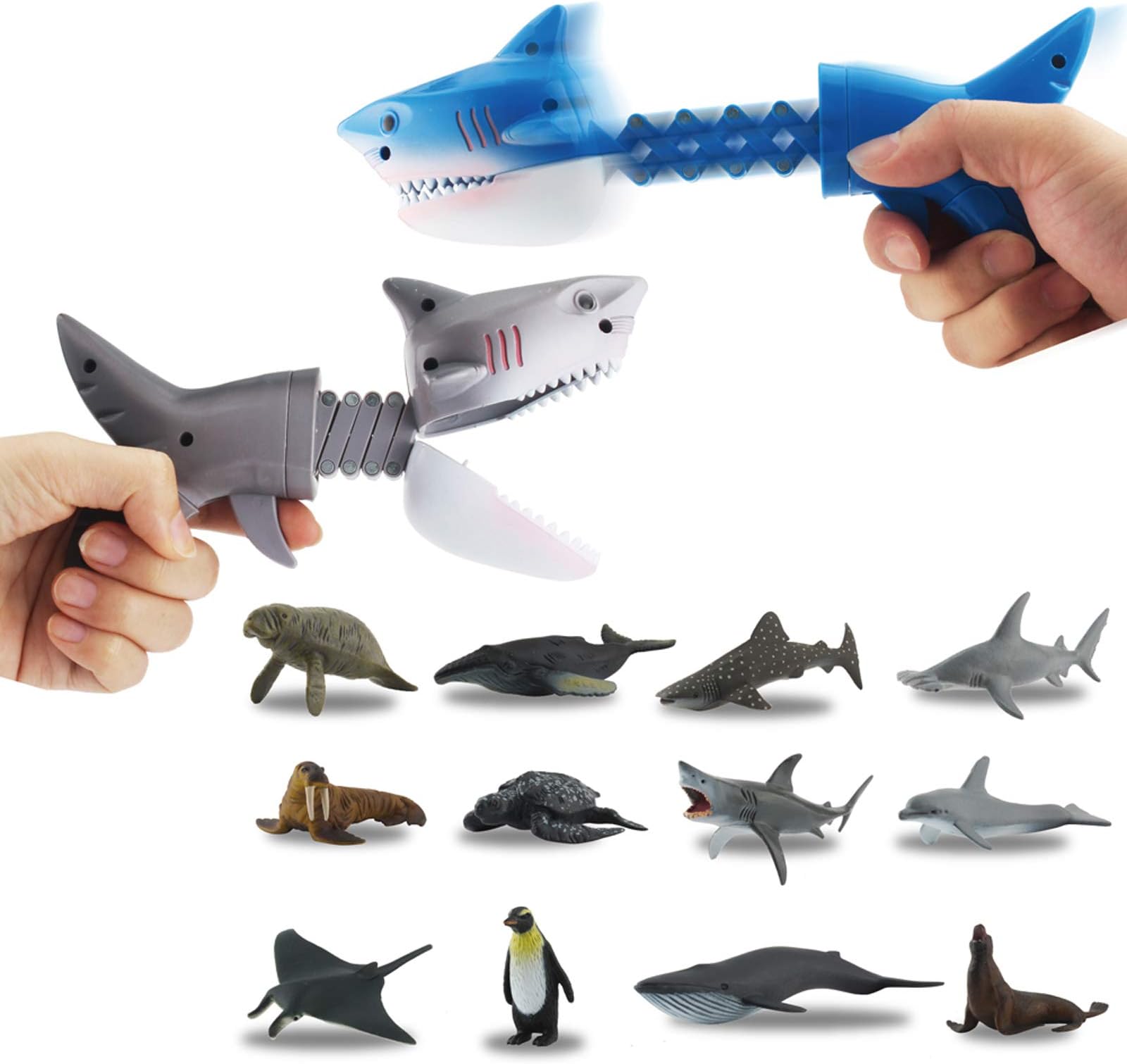 DINOBROS Greenkidz 2Pcs Hungry Shark Grabber Toys With 12Pcs Small Sea Animal Figures Playset Extending Grabber Claw Game Snapper Pick Up Claw Novelty Gift Party Favors For Kids