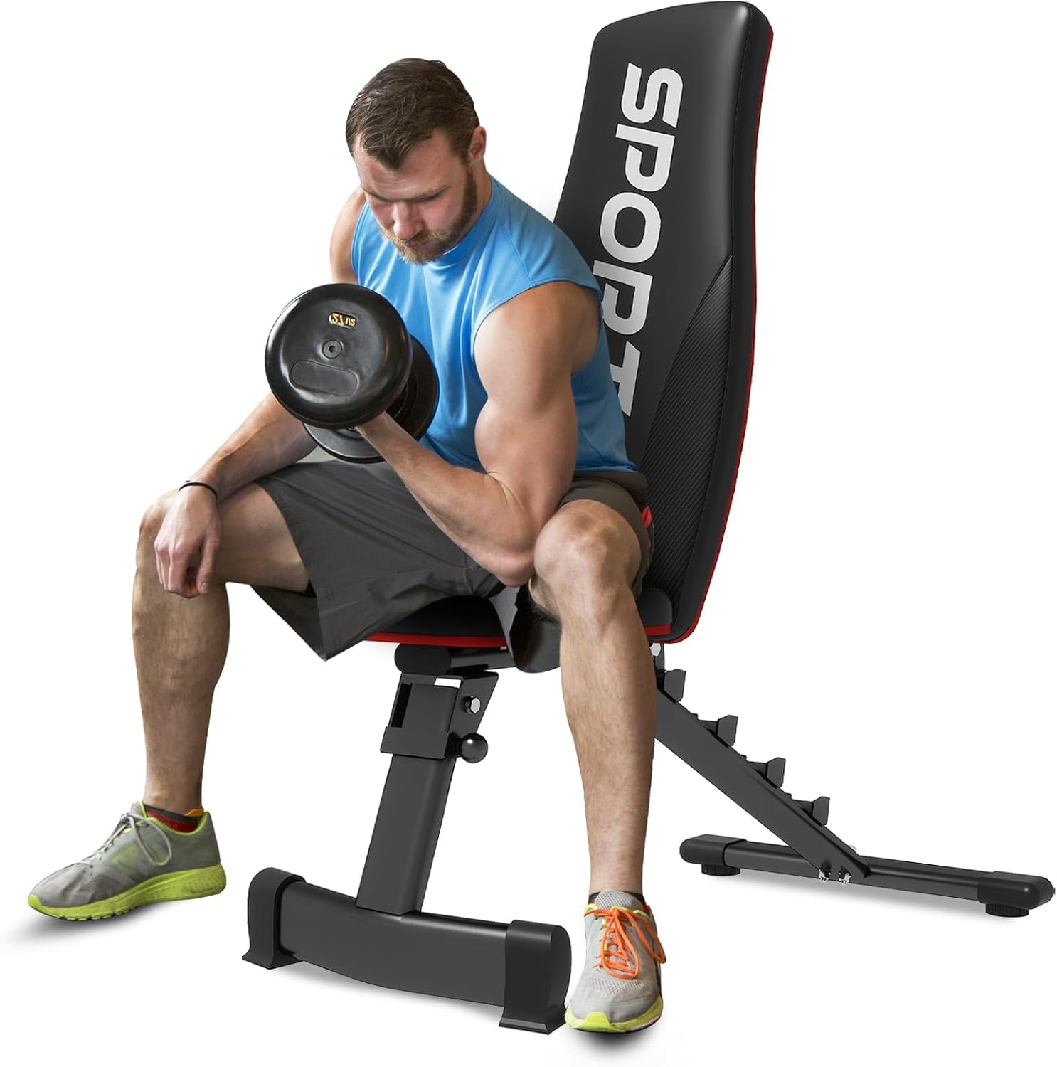 Banco de musculación plegable y ajustable para gimnasio en casa – Capacidad 300 kg – 5 posiciones del respaldo (inclinado, declinado, plano) – Plegado rápido en 2-3 segundos – Ahorro de espacio