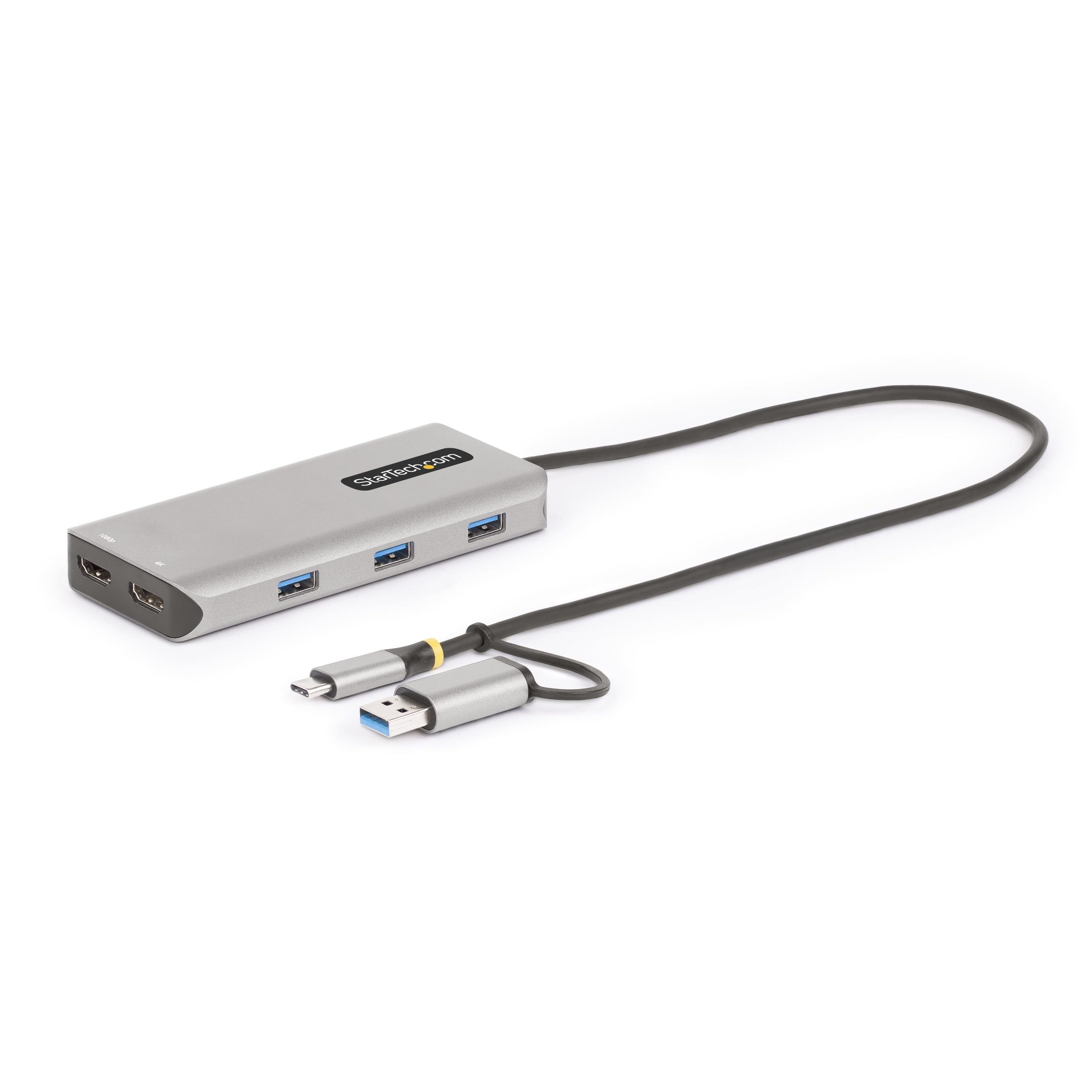Adaptador USB-C a HDMI doble multipuerto con tres conexiones USB-A de 5Gbps y cable largo 7