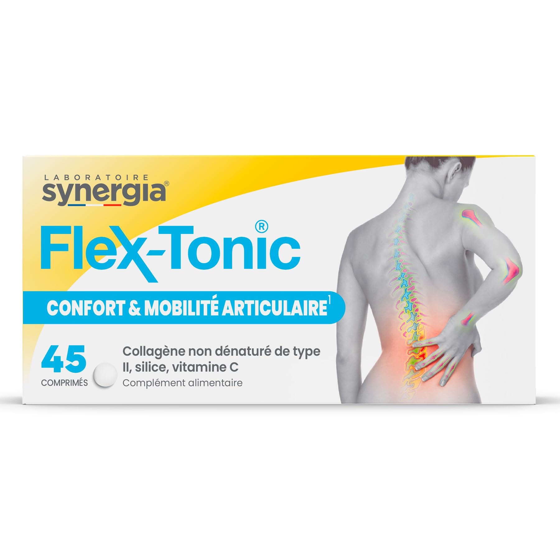 FLEX-TONIC 45 Comprimés| Confort Articulaire | Améliore le Confort et la Mobilité des Articulations | Collagène de Type II | Silice et Vitamine C | LABORATOIRE SYNERGIA