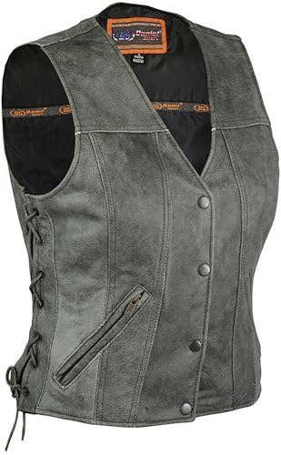Chaleco de motociclista de cuero con botón de presión de encaje lateral envejecido, para mujer