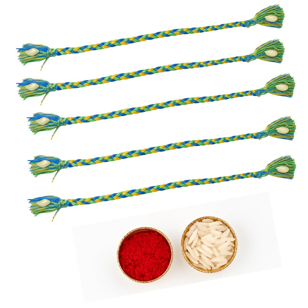 Set of 5 Peacock Color Seed Rakhi for Brother and bhabhi with Roli Chawal, Greeting Card & Free Diya | Designer Eco Friendly Combo | Traditional Raksha Bandhan Set for Bhai Bhabhi-image-17