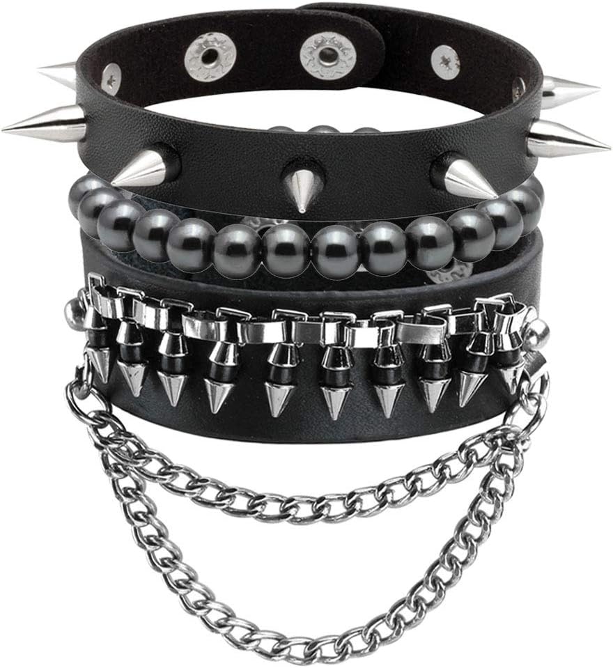 Eigso Punk Leather Studded Bracelets for Men Women Retro 80s Rock Concert Gothic Bracelet Set for Man