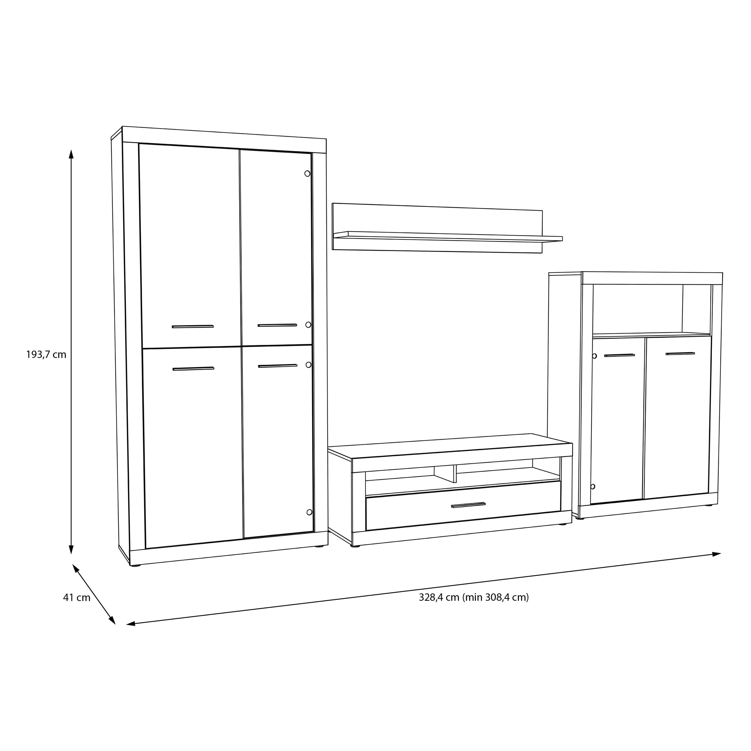 Forte Finley Wohnwand 330, Moderne Wohnwand mit TV Schrank, Vitrine, Wandpaneel und Kommode, Holzwerkstoff, Weiß mit Betonoptik Akzenten, 328,4 cm breit x 193,7 cm hoch x 41 cm tief