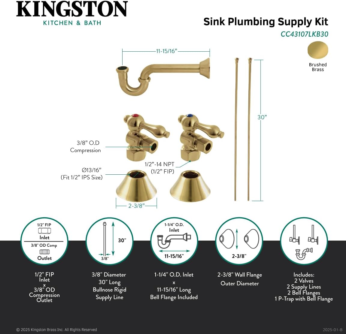 Kingston Brass CC43107LKB30 Trimscape Traditional Plumbing Sink Trim Kit with P-Trap in Brushed Brass