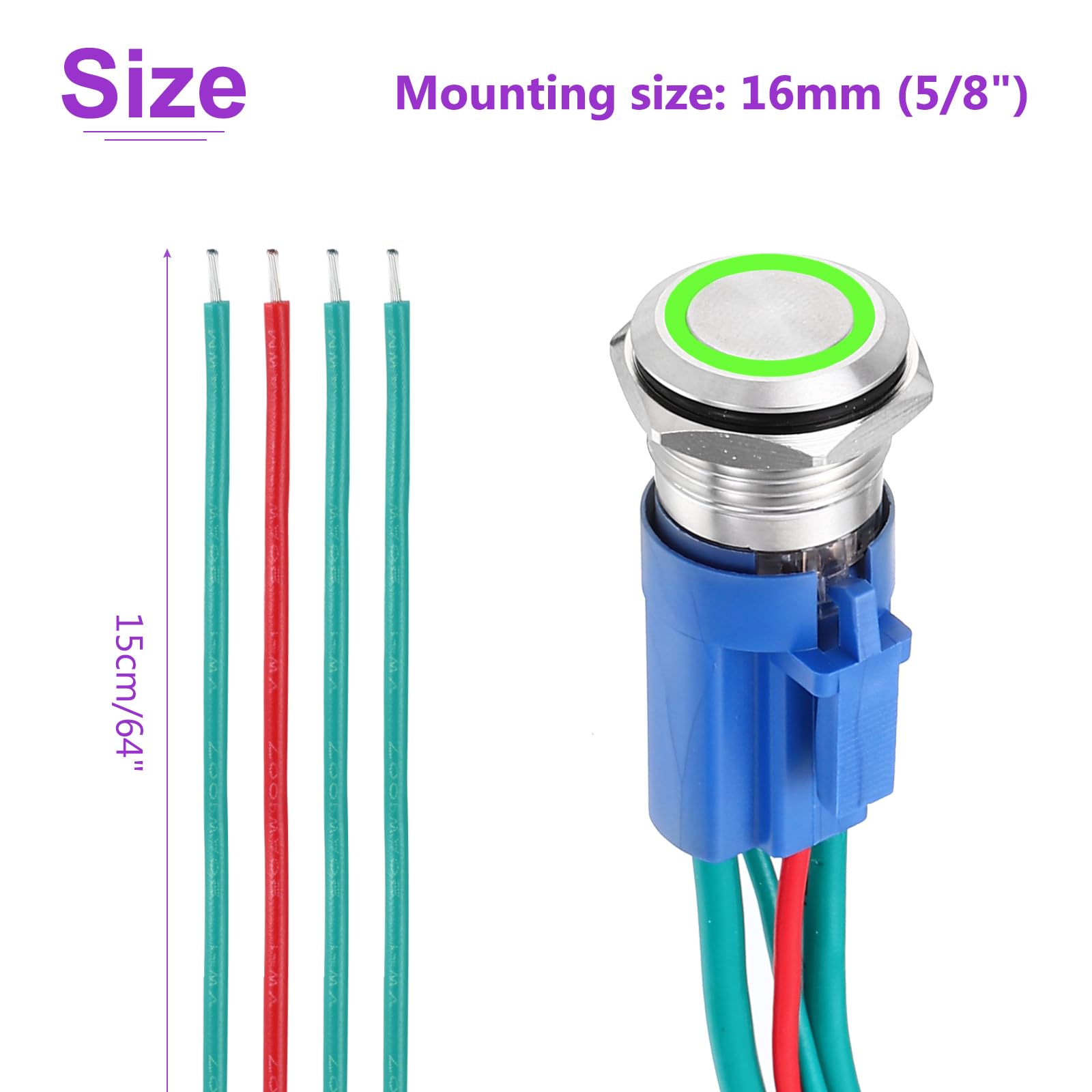 DMiotech 1 Pcs 16mm / 5/8" Stainless Steel Momentary Push Button Switch 1NO 10A 12-24V Silver Button Green Ring Lamp with Socket Plug with Wire for Car Boat Systems Custom Setups - Image 4