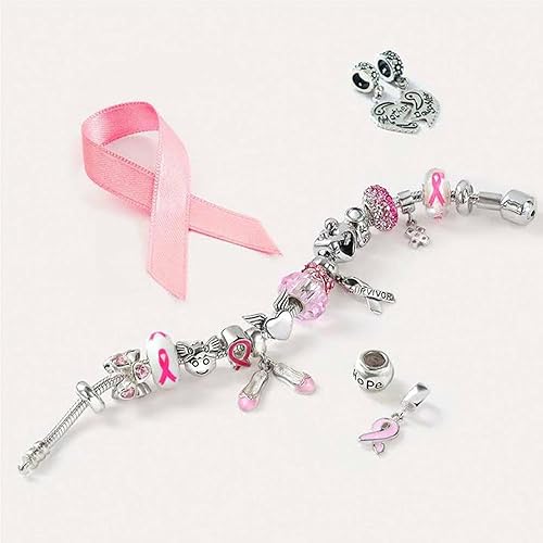 Vista 5 de Empowering Elegance - Abalorio de plata esterlina 925 auténtica con circonita cúbica esmaltada con cinta rosa, para sobrevivientes de cáncer