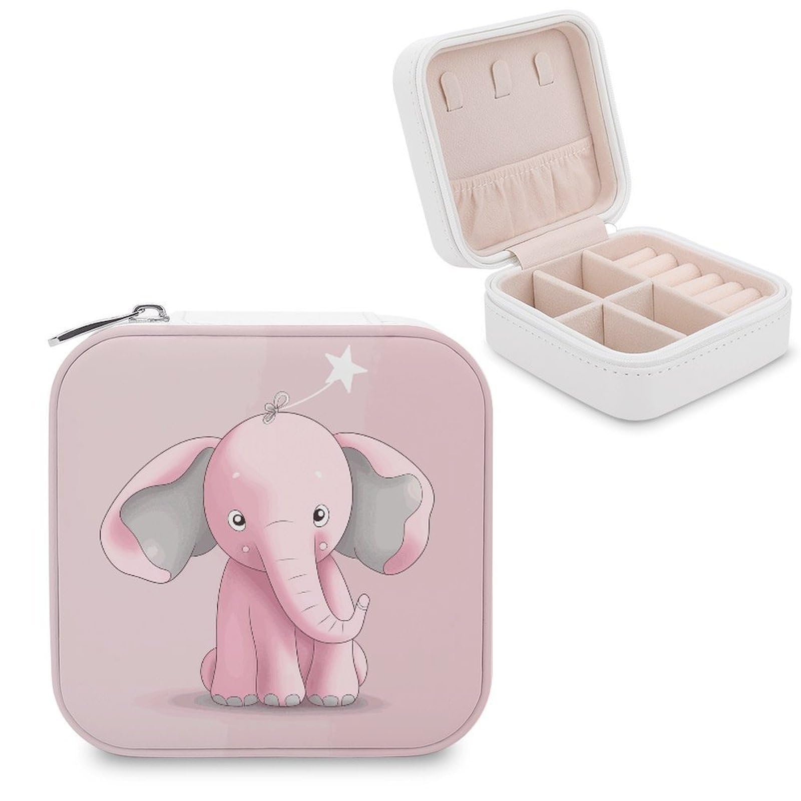FekiLoot Pink Elephant Jewelry Box Custom Jewelry Travel Case Pu Leather Trinket Organizer Box to Organize Ring Pendant Earring Small Portable Jewelry Storage Holder for Women